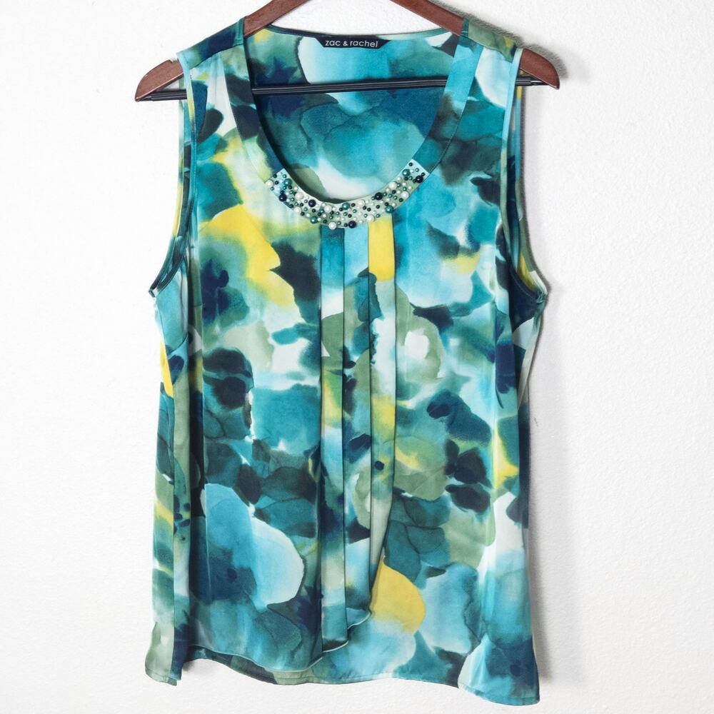 Zac & Rachel Sleeveless Blouse Blue Green Floral 1X Coastal Grandma